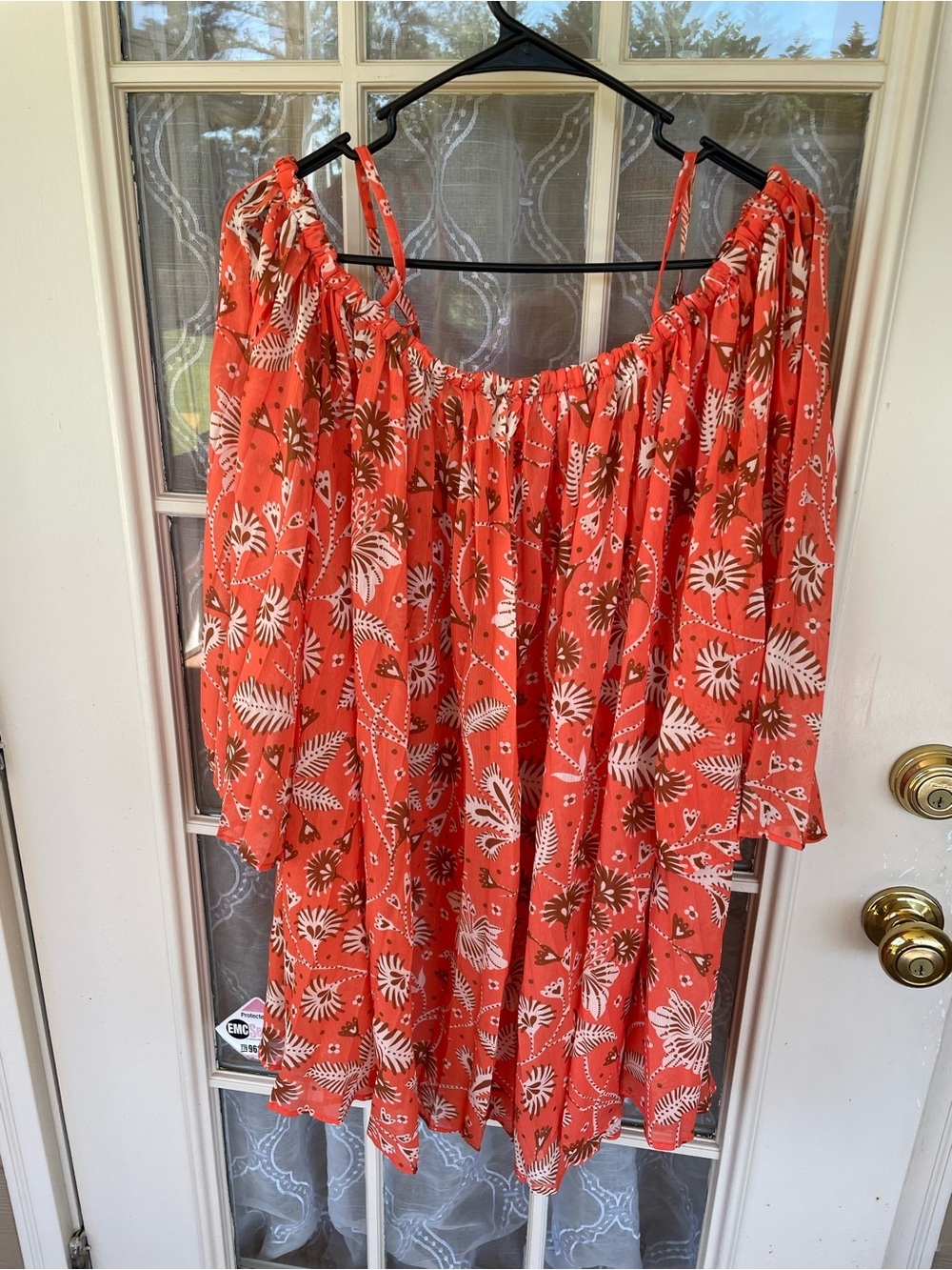 Anthropologie XL Orange Coral Floral Off Shoulder Boho Blouse Peasant Top